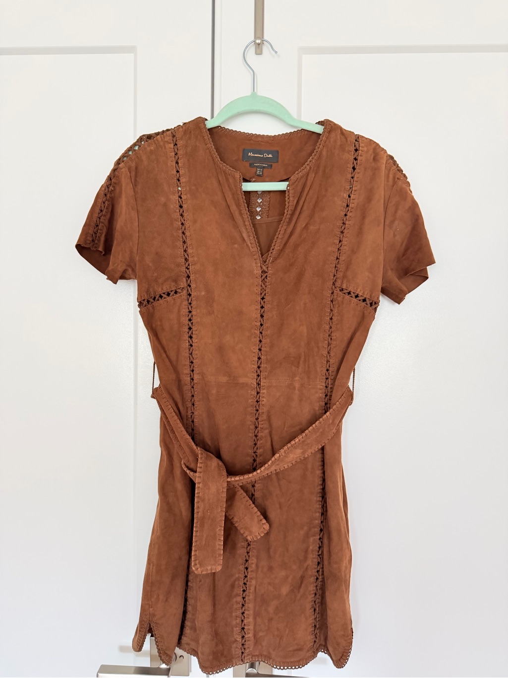 Massimo Dutti Rust Brown Suede Short Sleeve Tie-Waist Mini Dress